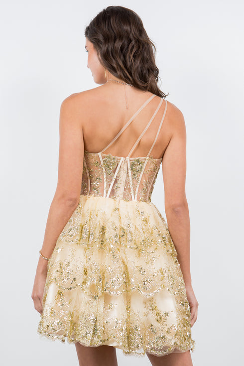 Lace One-Shoulder Tiered Skirt Cocktail Dress for Women 4/XS-16/3X